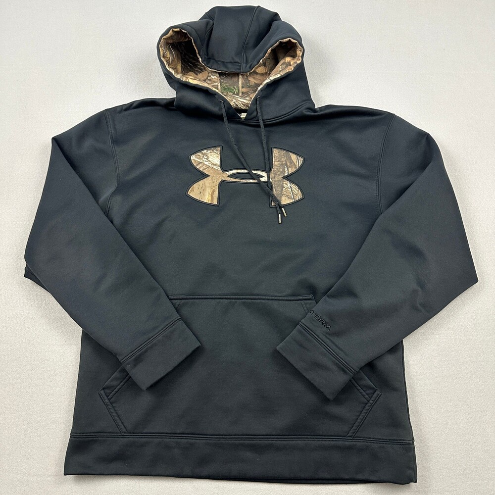 Under Armour Hoodie Men Medium Black Solid Camo Trim Sweatshirt Hunting M *